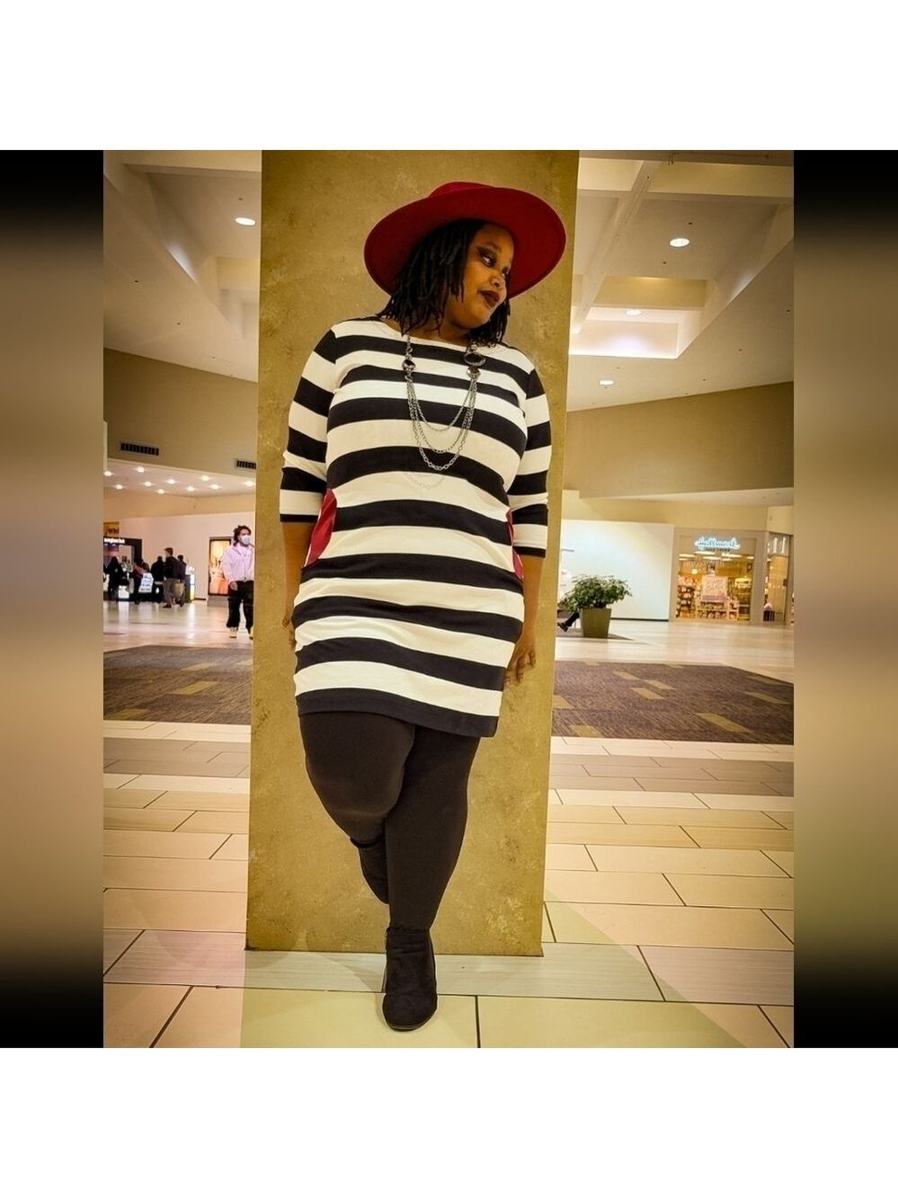 Joan Vass | Black and White Horizontal Stripes Dress w/Burgundy Pockets